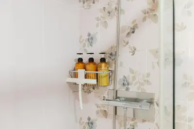 a bathroom with three bottles on a shelf next to a shower at Comfort & Charm in the Center in Valencia