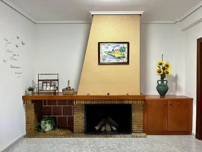 a living room with a fireplace and a vase of flowers at Casa el Catorce 18 in Bolbaite
