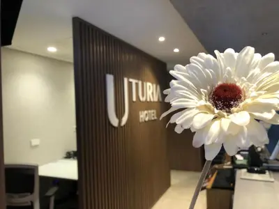 a vase with a white flower in front of a door at Hotel Turia Valencia in Valencia