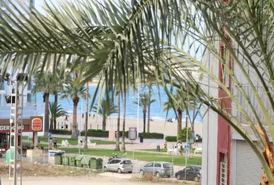 a view of a beach with palm trees and cars at Cozy Seaside Apartment in Cullera in Cullera