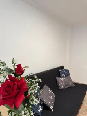 a black couch with a bouquet of red roses at Sweet Stay Valencia in Valencia