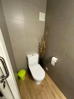 a bathroom with a toilet and a green trash can at Loft con jacuzzi y piscina in Valencia