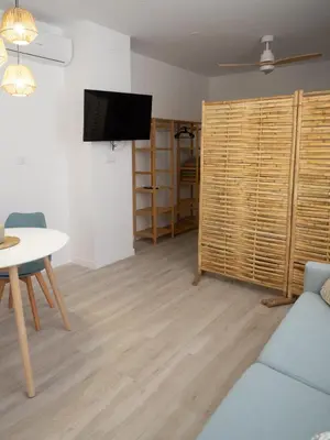 a living room with a couch and a table and a tv at Boho Beach Flats in Valencia