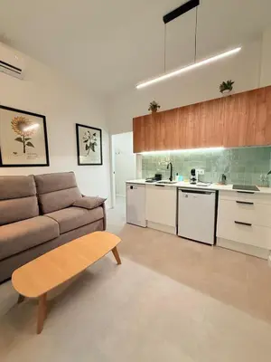 a living room with a couch and a kitchen at Travel Habitat Oceanografic Suites in Valencia