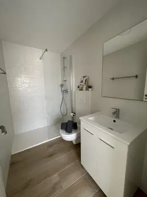 a white bathroom with a toilet and a sink at More than a lovely flat in Godella