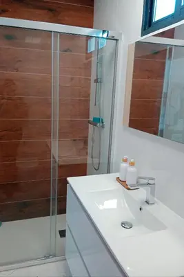 a bathroom with a shower and a white sink at Casa con PISCINA y CINE in Paterna