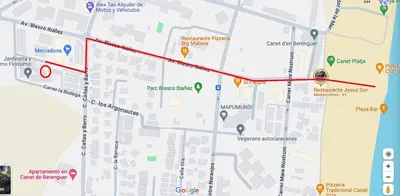 a map of a city with a red line at Piso Playa de Canet in Canet de Berenguer