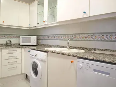 a white kitchen with a washing machine and a sink at L'Umbracle Views in Valencia