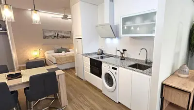 a kitchen with a sink and a washing machine at Vacansis Valencia Bajo Torrefiel in Valencia