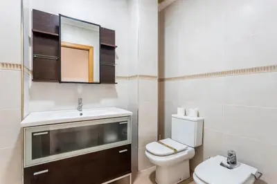 a bathroom with a toilet and a sink and a mirror at Acogedor y excelente ubicación in Puerto de Sagunto