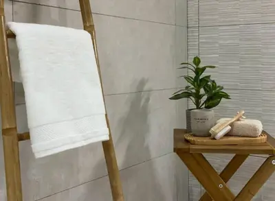 a towel and a plant on a wooden shelf in a bathroom at Sunny Stay Valencia 4 pax wifi in Valencia