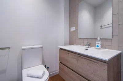 a bathroom with a sink and a toilet and a mirror at VLC Host - Vicente Brull in Valencia