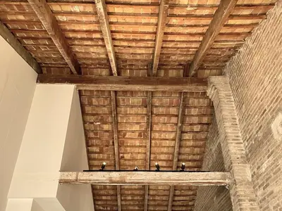 a room with a wooden ceiling with birds on it at Casa Juana in Valencia