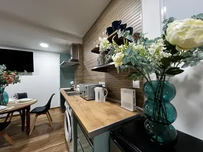 a kitchen with a vase of flowers on a counter at Playa Las Arenas 2 Apartamento in Valencia