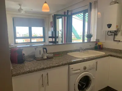 a kitchen with a sink and a washing machine at Atico Ciudad de las Ciencias Terraza y parking in Valencia