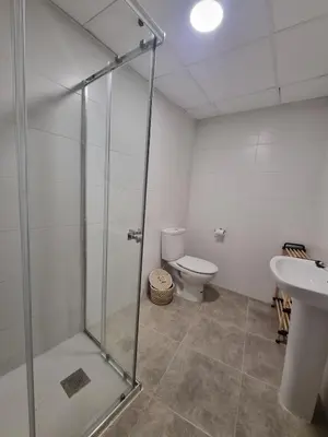 a bathroom with a shower and a toilet and a sink at Rural studio in Cortez de Pallas