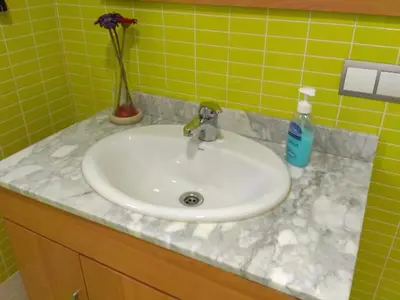 a bathroom sink with a vase of flowers and a bottle of soap at Apartamento Cabañal in Cullera