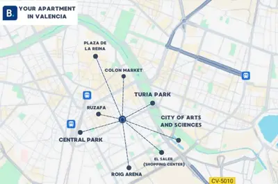 a map of a city of arts and sciences at Cozy 2Bedroom Apartment Near Ruzafa Turia Central Park in Valencia
