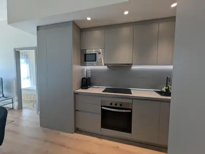 a kitchen with a stove and a microwave at Port Suites Corporate Living Apartments in Valencia