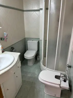 a bathroom with a toilet and a shower and a sink at Casa Casidro in Chulilla