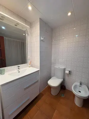 a bathroom with a sink and a toilet and a mirror at Apartamento Oasis in Cullera