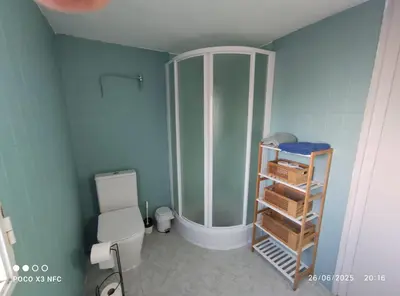 a bathroom with a shower and a white toilet at Chalet en el parque natural de la Calderona in Náquera