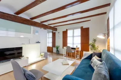 a living room with a blue couch and a tv at Apartment 1 bedroom Mercado Central in Valencia