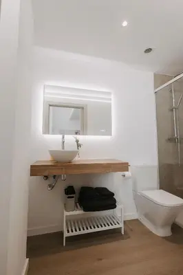 a bathroom with a sink and a toilet and a mirror at Exclusivo loft 3 en zona privilegiada en Valencia in Valencia