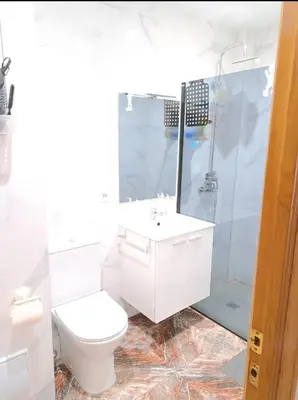a white bathroom with a toilet and a shower at Habitación con dos camas para dos personas in Valencia