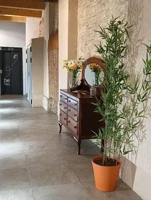 a dresser with a mirror and a plant in a hallway at Bolseria Ciutat Vella in Valencia