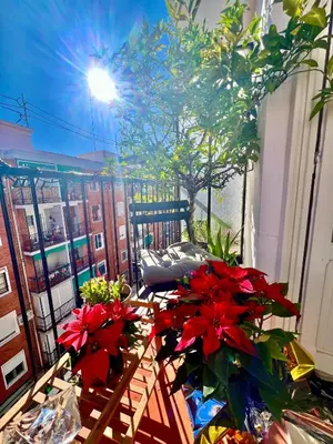 a balcony with a table with flowers on it at Habitación geniale cerca de Russafa in Valencia