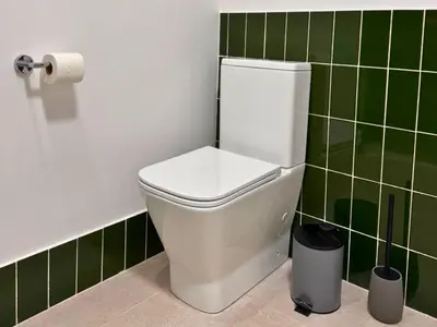a white toilet in a bathroom with green tiles at Ruzafa & Oceanografic Suites by Illetes Flats in Valencia