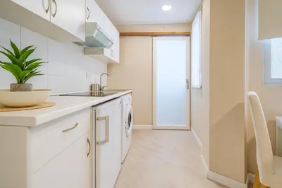 a kitchen with white cabinets and a plant on the counter at Apartment Ruzafa Market 6A in Valencia