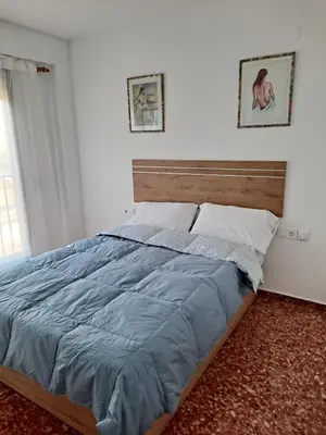 a bedroom with a bed with a blue comforter at Comfortable apartment in the Feria 2 area in Valencia