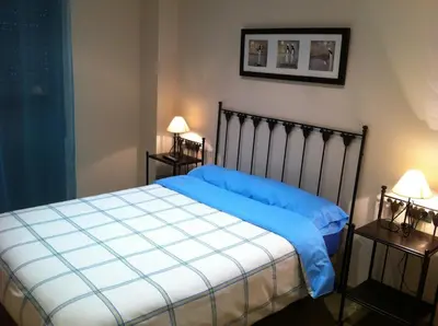 a bedroom with a bed with blue sheets and two lamps at Great apartment in Sciences City in Valencia