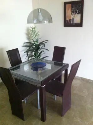 a dining room table with chairs and a potted plant at Great apartment in Sciences City in Valencia