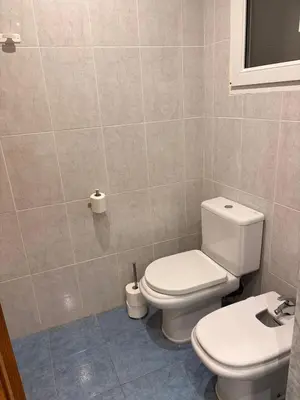 a bathroom with a white toilet and a sink at Apartamento en Primera Linea de Playa en Mareny de Barraquetes-Vistas al Mar-El Refugio del Mediterráneo in Mareny Barraquetas