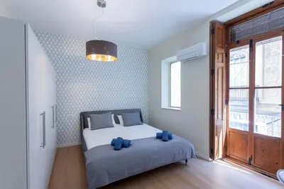 a bedroom with a bed with blue pillows on it at Apartment 2 bedroom Historical Center in Valencia