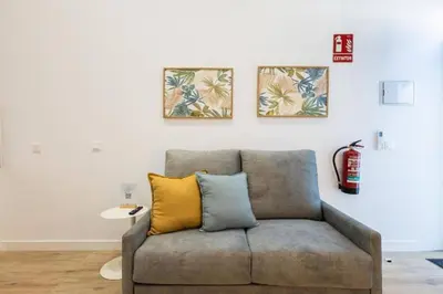 a couch in a living room with three paintings on the wall at Suite de diseño en Roig Arena in Valencia