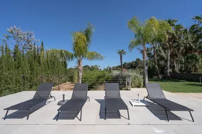 a group of lounge chairs on a patio with palm trees at White House with MINIGOLF 10 minutes from Cullera in Corbera de Alcira