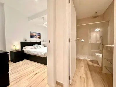 a bedroom with a bed and a bathroom with a shower at Joaquin Costa Urban Flat in Valencia