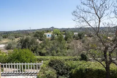 a white fence in a field with trees and bushes at Tiny House Long-term en remote work near Valencia in Torrent