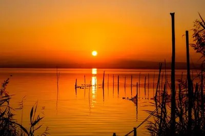 a sunset on a lake with a boat in the water at Apartamento Ross - Central flat with all the amenities in Valencia