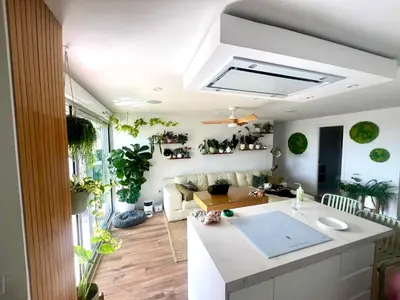 a kitchen and living room with a lot of plants at Apartamento tranquilo y luminoso junto al mar in Cullera