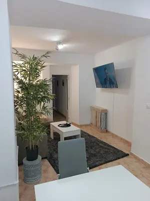 a living room with a table and a potted plant at Casa el Pato Lolo in Bolbaite