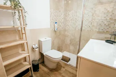 a bathroom with a toilet and a shower at Apt Almas, City Hall 1 Min, 4 Pax, Smart Tv in Valencia