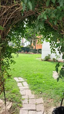 a stone walkway in a yard with a green lawn at Apartamento con piscina, playa y cerca de Valencia in Puebla de Farnals