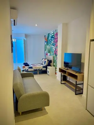 a living room with a couch and a tv at Glamour Suite1 next to Plaza de España in Valencia