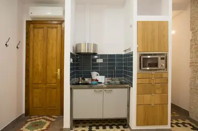 a small kitchen with a counter and a microwave at Eco-Friendly Apartments in Valencia