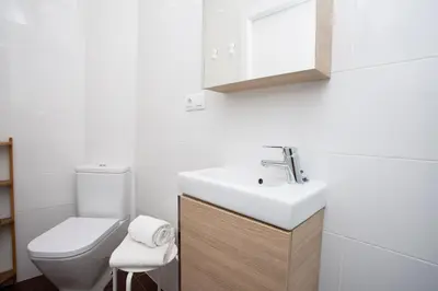 a bathroom with a sink and a toilet and a mirror at Blanquerias Apartments in Valencia